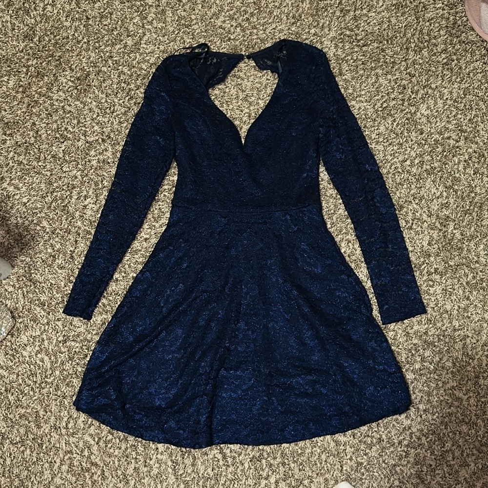 trixxi homecoming dress. navy blue with flower detailing